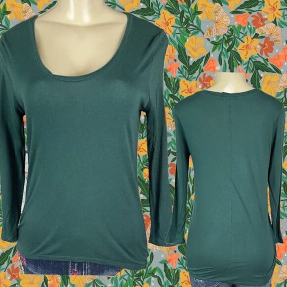 DKNY Jeans S Hunter Green‎ Scoop Neckline Viscose Step-Hem 3/4 Sleeve Top